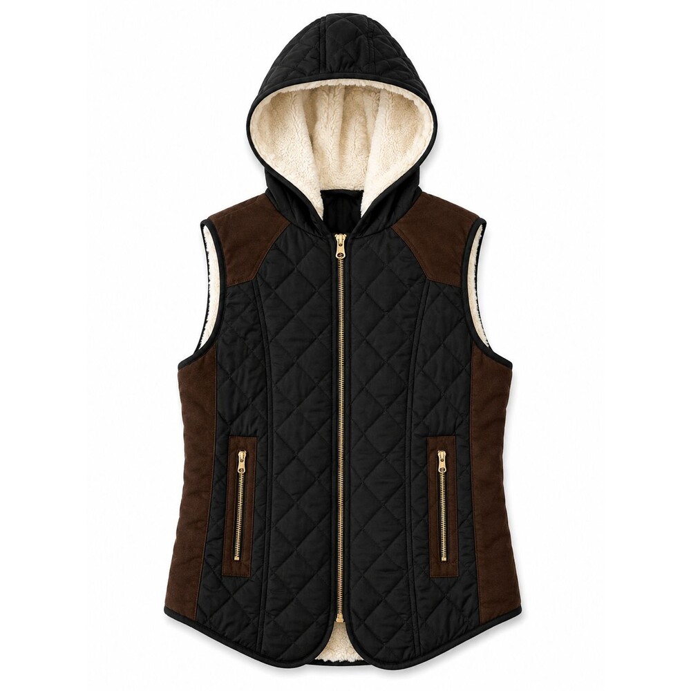 Padded Hooded Wind Resistant Cozy Zip Vest Black Cream Fleece Young Sz M Ci Sono - Picture 2 of 16